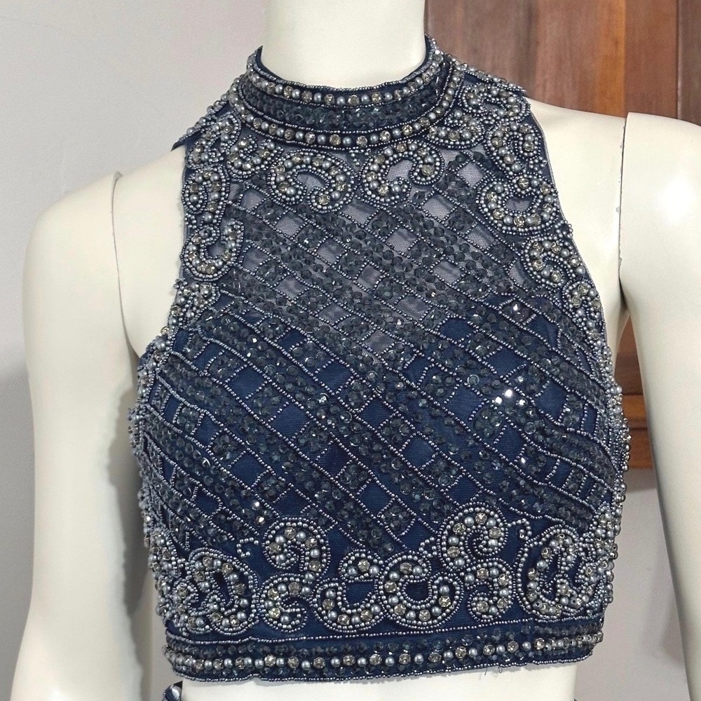 Sherri Hill Beaded Crop Top Prom Formal Open Back Women 12 Navy Blue